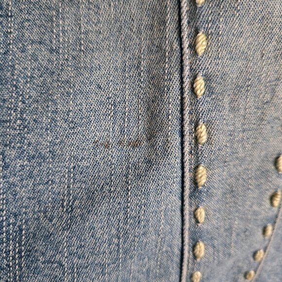Y2K Denim Jean Jacket Crochet Trim Applique Size 11 Boho Fairy Grunge Stretch - Picture 5 of 13